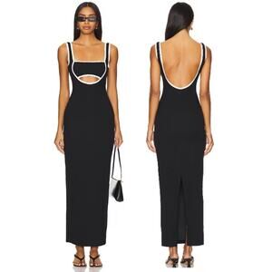 Black Maxi Dress with White Trim - Sleeveless Cutout Back Detail